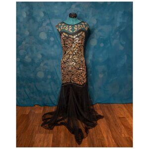 CLEARANCE Metme Black & Gold Sequin Mesh Evening Gown Mermaid– Size M